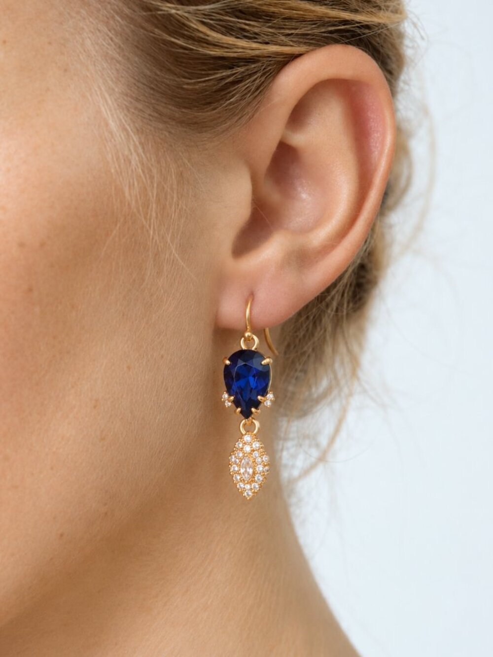 Alexis Bittar 18K Gold Navy Blue Crystal Teardrop Earrings Statement Jewelry - Picture 3 of 5